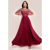 Goddiva Embroidered Top Flutter Sleeve Maxi - Burgundy