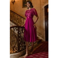 Goddiva Embroidered Top Chiffon Pleated Midi - Magenta