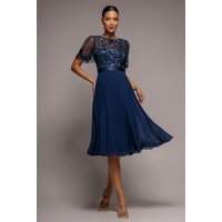 Embroidered Top Chiffon Pleated Midi Navy Blue