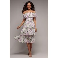 Shirred Chiffon Floral Bardot Midi Dress