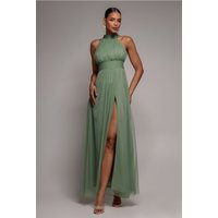 Goddiva Halter Neck Mesh Tie Maxi Dress - Dusty Sage