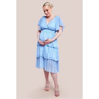 Goddiva Maternity Plain Lurex Chiffon Tiered Midi Dress Light Blue