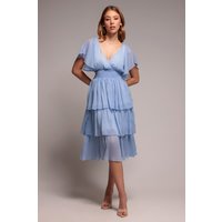 Goddiva Plain Lurex Chiffon Tiered Dress Light Blue