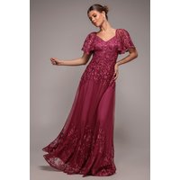 Goddiva Lace Flutter Sleeve Embroidered Mesh A Line Maxi Dress - Burgundy