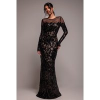 Goddiva Floral Sequin Mesh Maxi - Black