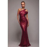 Goddiva One Shoulder Sequin Evening Maxi - Wine