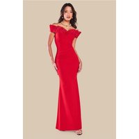 Goddiva Fan Pleated Bardot Scuba Crepe Maxi - Red