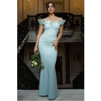 Fan Pleated Bardot Scuba Crepe Maxi Dress Mint Green