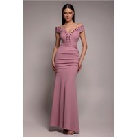 Goddiva Off The Shoulder Frill Gathered Maxi Dress - Rose Pink
