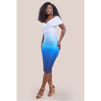 Ombre Front Wrap Bardot Midi Dress Light Blue