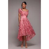 Goddiva Scalloped Neck Embroidered Lace High Low Midi Dress - Coral