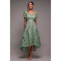 Scalloped Neck Embroidered Lace High Low Midi Dress Sage Green