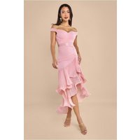 Pleated Bardot High Low Tier Chiffon Midaxi Dress Blush Pink