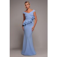 Goddiva Scuba Crepe Rose Frill Maxi Dress Cornflower Blue