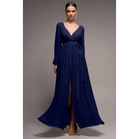 Goddiva Sustainable Front Split Wrap Style Chiffon Maxi Dress - Navy Blue