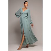 Sustainable Front Split Wrap Style Chiffon Maxi Dress Sage Green