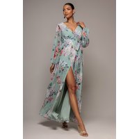 Goddiva Wrap Front Slit Floral Maxi Dress - Sage Green