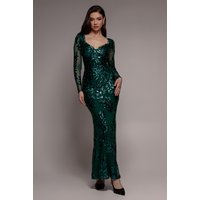 Goddiva Sequin Leaf Long Sleeve Maxi Dress - Emerald Green