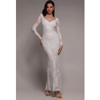 Goddiva Sequin Leaf Long Sleeve Maxi Dress - White
