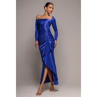 Slinky Satin One Shoulder Split Maxi Dress Royal Blue