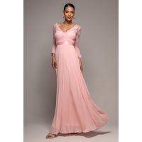Scalloped Lace Bodice Pleated Chiffon Line Maxi Dress Blush Pink