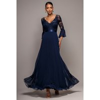 Scalloped Lace Bodice Pleated Chiffon Line Maxi Dress Navy Blue