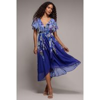 Flutter Sleeve Line Chiffon Floral Printed Midi Dress Royal Blue