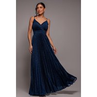 Sleeveless Pleated Line Lurex Maxi Dress Navy Blue