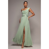 Goddiva Cowl Neck One Shoulder A Line Chiffon Maxi Dress - Sage Green