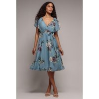 Floral Printed Flutter Sleeve Chiffon Midi Dress Airforce