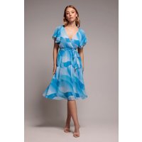 Goddiva Printed Flutter Sleeve Chiffon Midi Dress - Light Blue