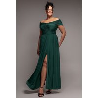 Gathered Bardot Bodice Front Split Maxi Dress Emerald Green