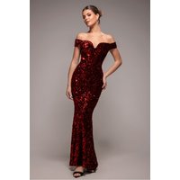 Goddiva Sequin Velvet Bardot Evening Maxi Dress - Red