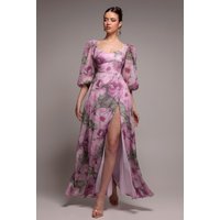 Goddiva Puff Sleeve A-Line Printed Chiffon Maxi Dress With Split - Blush Pink