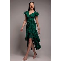 Jacquard Chiffon Wrap High Low Midaxi Dress Emerald Green