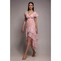 Goddiva Jacquard Chiffon Wrap High Low Midaxi Dress - Pink