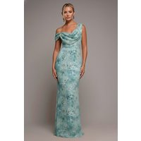 Goddiva One Shoulder Cowl Neck Chiffon Floral Maxi Dress - Blue