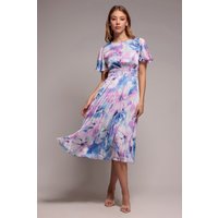Goddiva Flutter Sleeve Pleated Skirt Floral Midi Dress - Blue