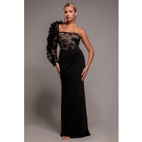 Goddiva One Shoulder Organza Fan Detail Lace Bodice Maxi Dress Black
