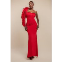 Goddiva One Shoulder Organza Fan Detail Lace Bodice Maxi Dress Red