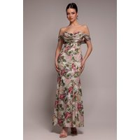 Cowl Neck Floral Print Jacquard Chiffon Maxi Dress