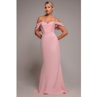 Off Shoulder Draped Sleeve Maxi Dress Diamante Neckline Blush Pink