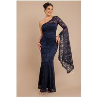 Goddiva One Shoulder Scalloped Neck Maxi Dress - Navy Blue