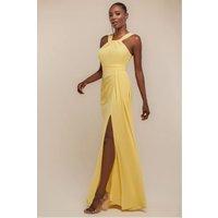 Goddiva Halterneck Thigh Split Chiffon Maxi Dress - Lemon