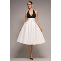 Contrast Halter Neck Pleated Line Midaxi Dress Cream