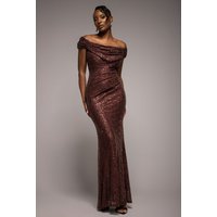Cap Sleeve Iridescent Sequin Cowl Maxi Dress