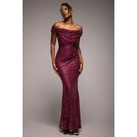 Cap Sleeve Iridescent Sequin Cowl Maxi Dress Burgundy Red