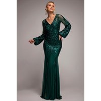 Goddiva Embellished Sequin Bishop Sleeve Maxi Dress - Emerald Green