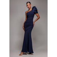 One Shoulder Puffed Satin Sleeve Evening Maxi Dress Navy Blue
