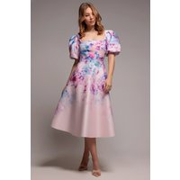 Goddiva Printed Scuba Square Neck Puff Sleeve Midi Dress - Blush Pink